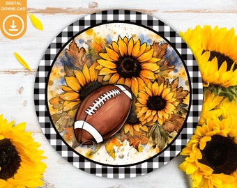 Señal de puerta de fútbol PNG, señal de temporada de fútbol para diseño de sublimación de corona Touchdown Door Hanger Girasoles Signo redondo PNG Superbowl Digital