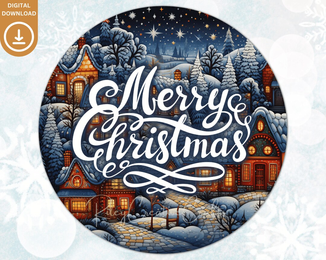 Merry Christmas Sublimation Wreath Sign PNG, Winter Scene Round Door ...