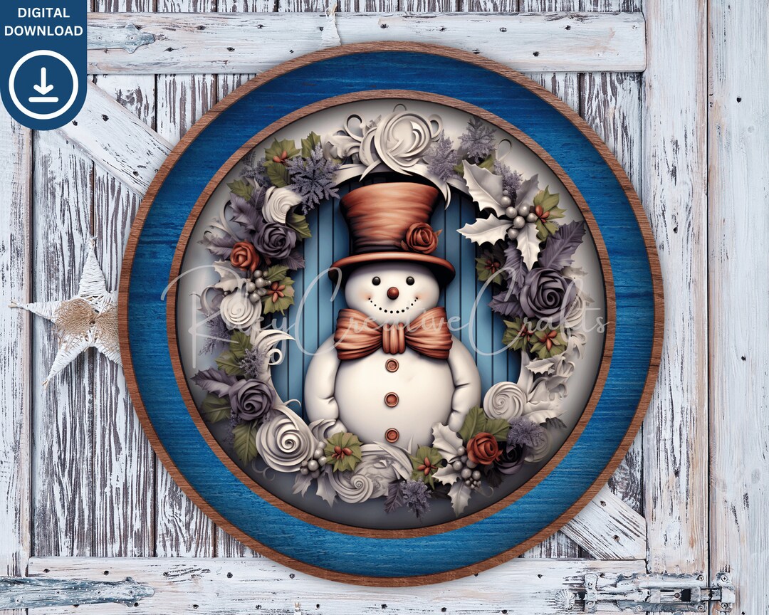 Snowman 3D Door Sign, Round Door Hanger PNG, Christmas Wreath ...