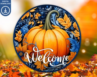 Fall Round Wreath Sign PNG, Autumn Pumpkin Door Sign Sublimation Wreath Welcome Sign for Front Door Decor Printable Fall Door Hanger, Decor