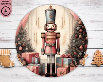 Nutcracker Ornament Sublimation PNG, Wreath Sign Nutcracker Door Sign Christmas Door Decoration Pink Christmas Round Sign PNG Traditional