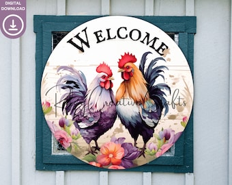 Diseño de sublimación de letrero de puerta redonda de gallinero, colgador de puerta de granja PNG, decoración digital de puerta principal de bienvenida de primavera, otoño de sublimación de corona