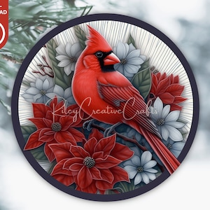 3D Cardinal Christmas Wreath Sign Sublimation PNG, Round Sublimation Door Signs, For Wreath, Winter Poinsettias, Floral Digital Download