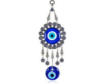 Evil Eye Wall Decor 4.3''W x 12.2''L Metal - Glass Turkish Greek Good Luck & Protection Charm - Hanging Ornament for Home, Office, Door