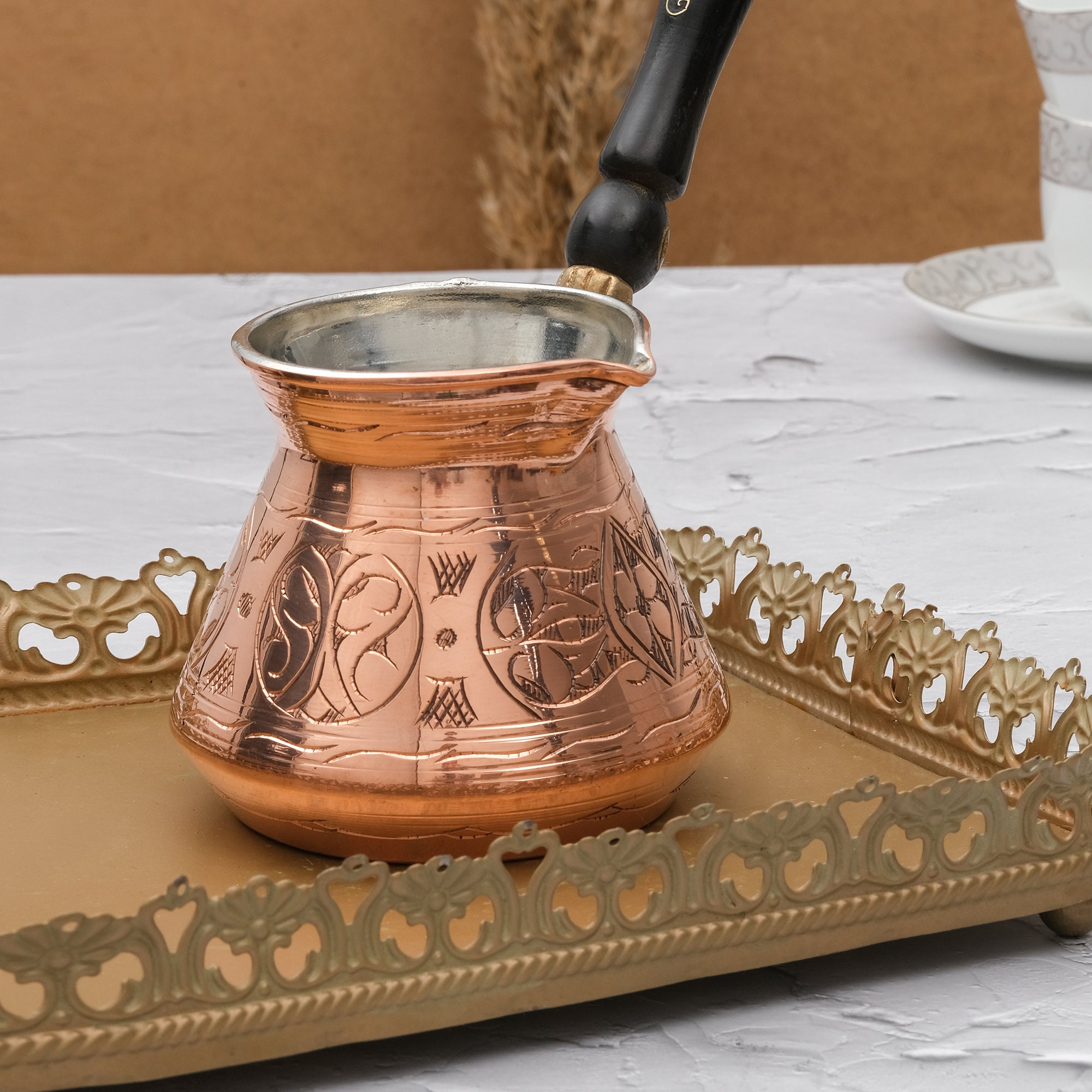 Thickest Solid Hammered Copper Turkish Greek Arabic Coffee Pot Stovetop Coffee Maker Cezve Ibrik Briki With Wooden Handle Thick 2 Mm Xlarge 15 Oz