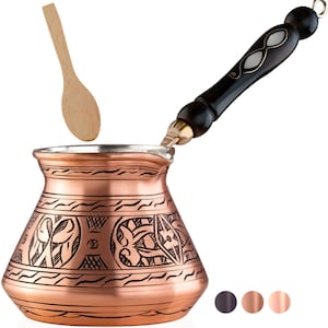 18 Oz X-Large Copper Turkish Greek Arabic Coffee Pot with Wooden Handle (6 servings) Cezve Briki Ibrik Stovetop Coffee Maker (Matte)
