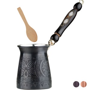 12 Oz Copper Turkish Greek Arabic Coffee Pot with Wooden Handle (4 servings) Cezve Ibrik Briki Stovetop Coffee Maker (Black)