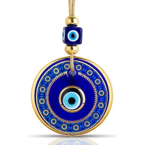 Blue Evil Eye Wall Decor Gold Border Design 4.3&quot; Glass Evil Eye Hanging Ornament Handmade Nazar Amulet Good Luck and Protection Charm