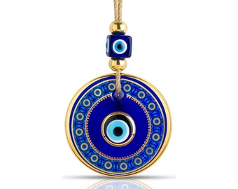 Blue Evil Eye Wall Decor Gold Border Design 4.3" Glass Evil Eye Hanging Ornament Handmade Nazar Amulet Good Luck and Protection Charm