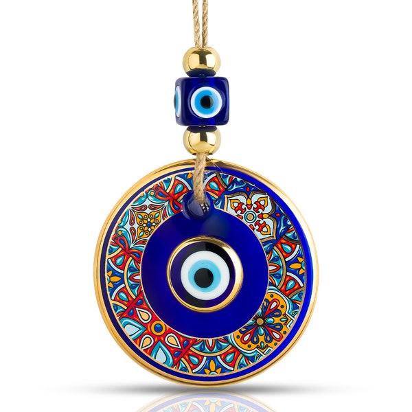 Floral Evil Eye Wall Decor Gold Border Design 4.3" Glass Evil Eye Hanging Ornament Good Luck and Protection Charm