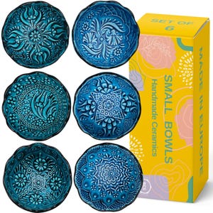 Ceramic Mini Pinch Bowls Set of 6, Small Bowls for Dipping - Cooking Prep & Charcuterie Board Bowls, Soy Sauce Dish, Turquoise Handmade
