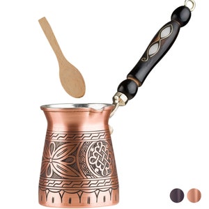 12 Oz Copper Turkish Greek Arabic Coffee Pot with Wooden Handle (4 servings) Cezve Ibrik Briki Stovetop Coffee Maker