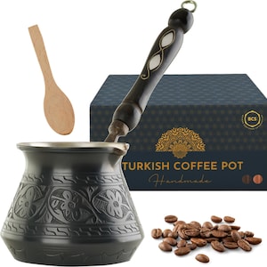 12 Oz Copper Turkish Greek Arabic Coffee Pot with Wooden Handle & Wooden Spoon Cezve Ibrik Briki Stovetop Coffee Maker (4 servings)