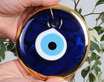 Blue-Gold Evil Eye Decor 4.3" Wall Hanging Ornament Glass Handmade Turkish Greek Nazar Amulet for Home, Office, Garden, Door  Ojo Turco