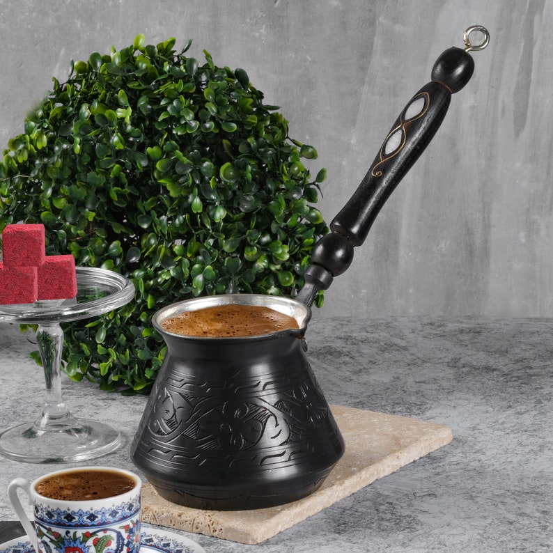 Thickest Solid Hammered Copper Turkish Greek Arabic Coffee Pot Stovetop Coffee Maker Cezve Ibrik Briki With Wooden Handle Thick 2 Mm Xlarge 15 Oz