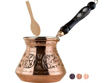 18 Oz X-Large Copper Turkish Greek Arabic Coffee Pot with Wooden Handle (6 servings) Cezve Briki Ibrik Stovetop Coffee Maker (Shiny)