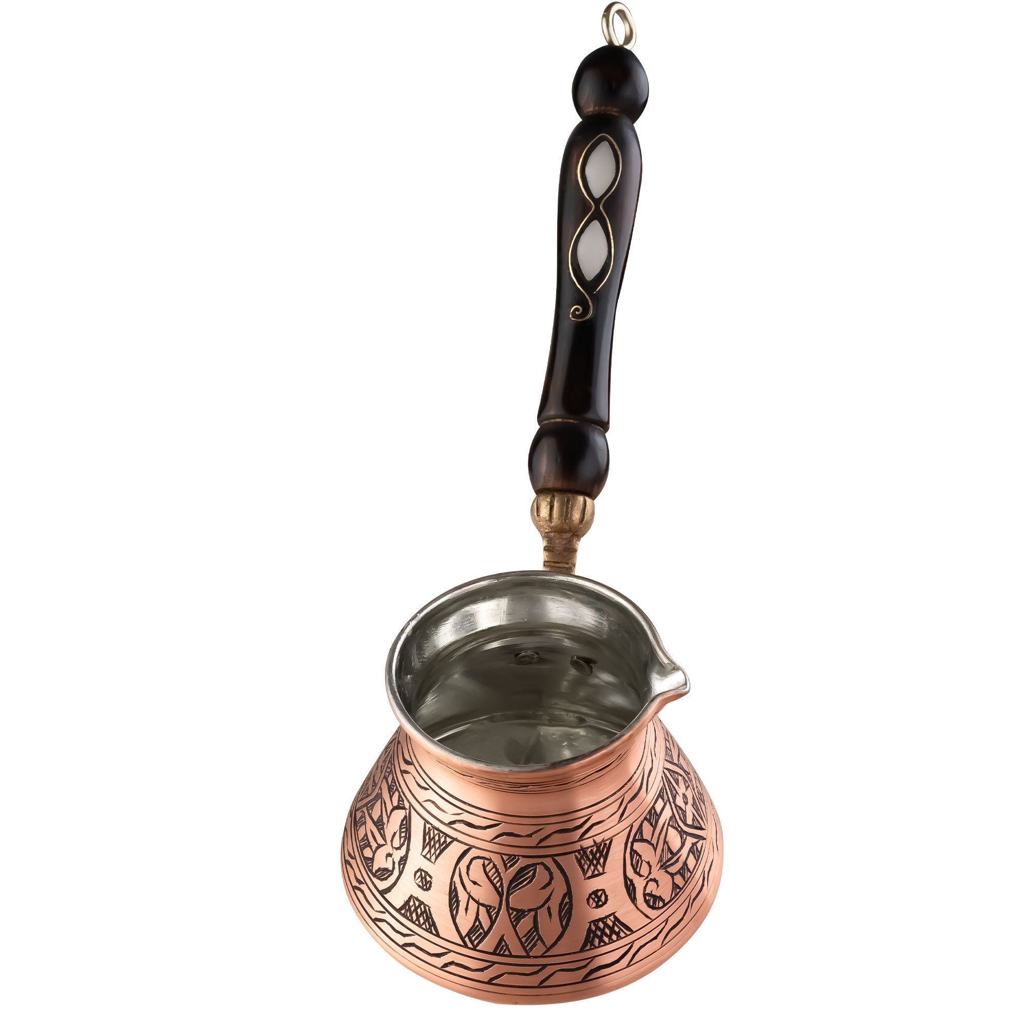 thumbnail image 2 of BCS 12 Oz Copper Turkish Coffee Pot With Wooden Handle - Traditional Cezve/Ibrik For Stovetop Brewing (Includes Wooden Spoon) 2 of 3