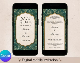 Digital Muslim Wedding Invitation Template, Editable Mobile Nikkah Evite, Emerald Green Nikkah Invite