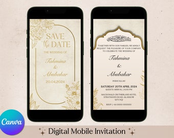 Digital Muslim Wedding Invitation Template, Editable Mobile Nikkah Evite, Ivory Beige Floral Nikkah Invite