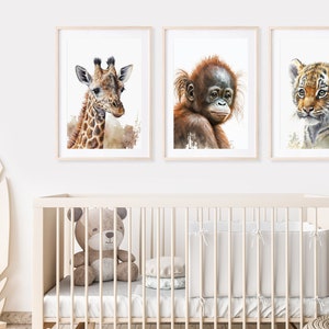 Baby Animals Nursery Wall Art Prints - Set of 3 - Digital Download - Gender Neutral Wall Art - Nursery Decor - Safari Animals Watercolour