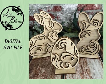 Damask Egg and Bunnies Set  / Digital SVG File / Vector