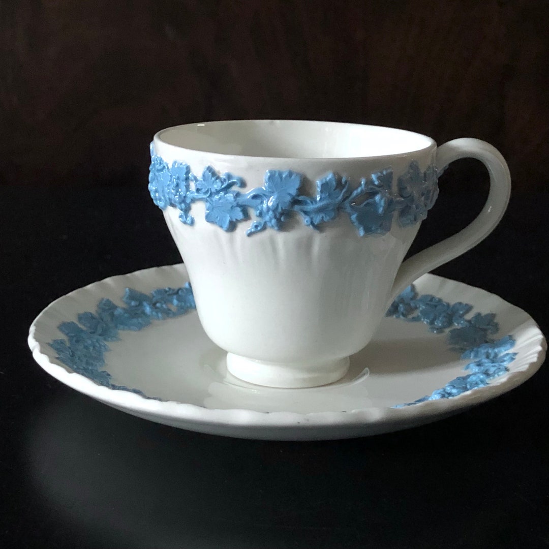 Queensware Cookware Wedgwood Queensware Embossed Blue on White Demitasse Coffee Cup and ...