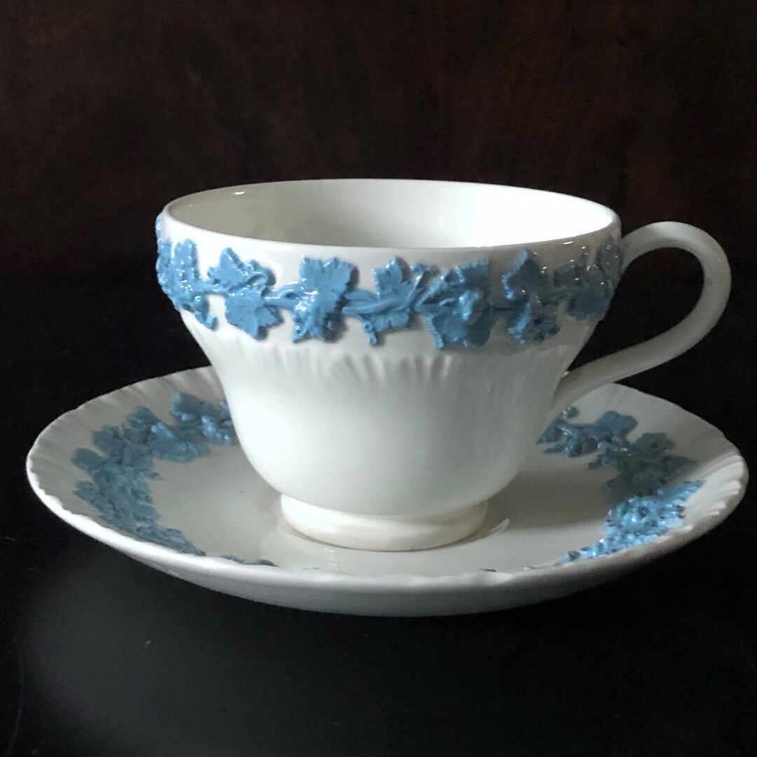 Wedgwood Queensware Embossed Blue on White Tea Cup and Saucer Etsy