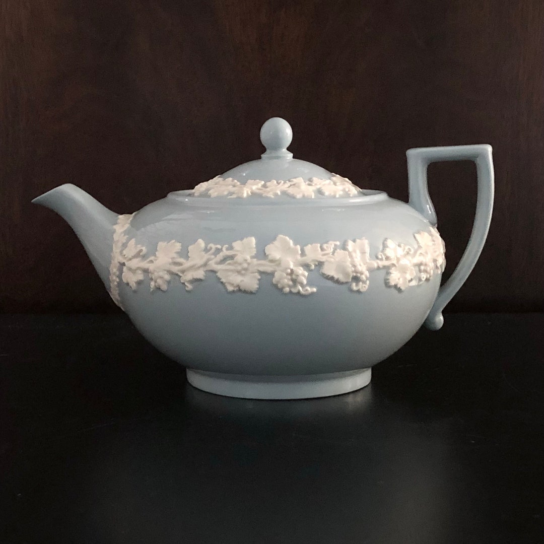 Wedgwood Queensware Embossed White on Blue Teapot Etsy