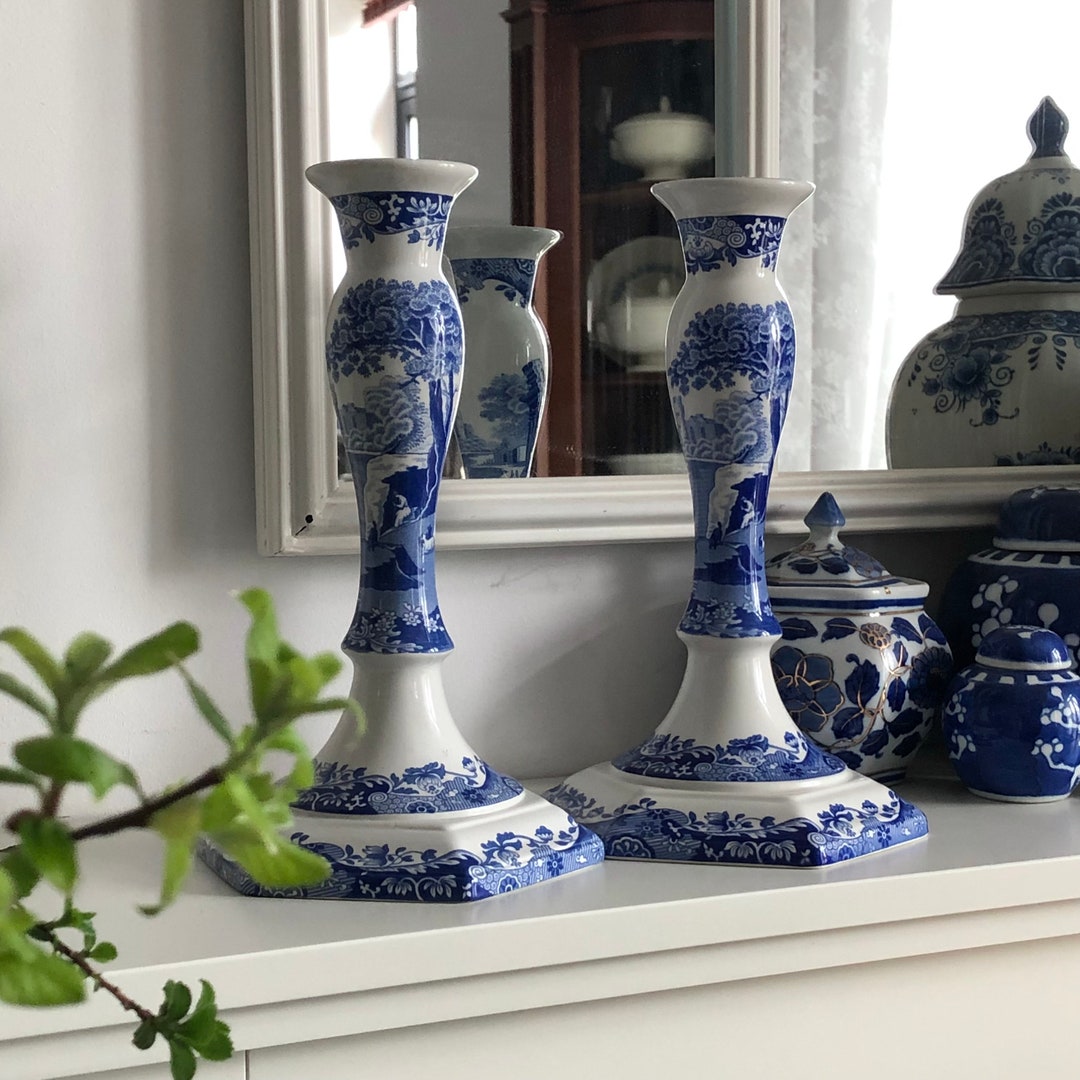 Spode Blue Italian Candlesticks Etsy