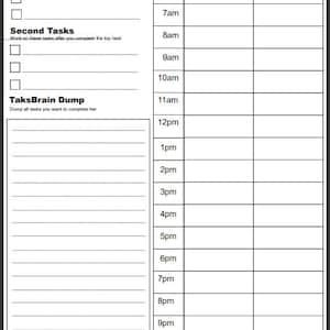 Könnte beinhalten: Ein schwarz-weißer druckbarer Zeitmanagement-Planer mit dem Titel "The Time Box". Der Planer enthält Abschnitte für "Top Tasks", "Second Tasks" und "TasksBrain Dump". Der Planer ist in 30-Minuten-Slots von 5:00 Uhr bis 23:00 Uhr unterteilt.
