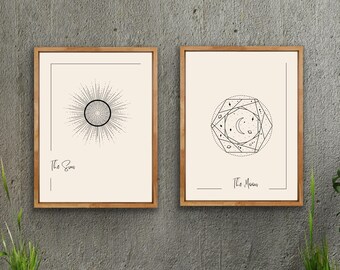 Conjunto de arte de sol y luna de 2 impresiones, descargas digitales, conjunto de impresión boho, arte abstracto, arte de pared, arte negro y beige, cartel geométrico moderno