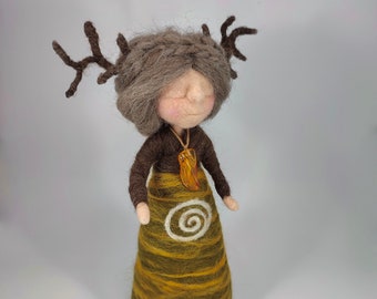 Spirit doll with amber pendant. Art doll made from wool. Felted doll.