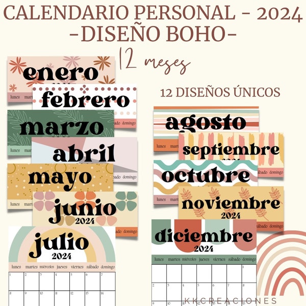 2024 Spanish Printable Calendar with Boho Design - Calendario en español de 2024 con Diseño Bohemio