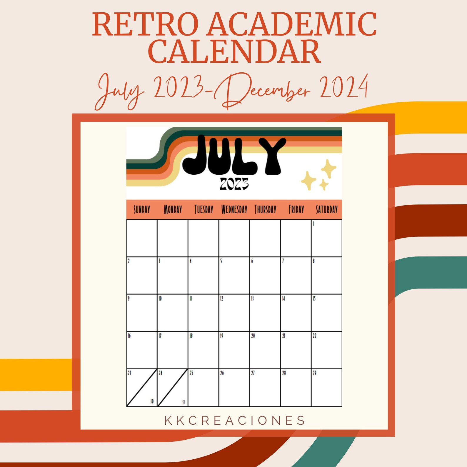 2023-2024 Academic Printable Calendar With Retro Design Digital ...
