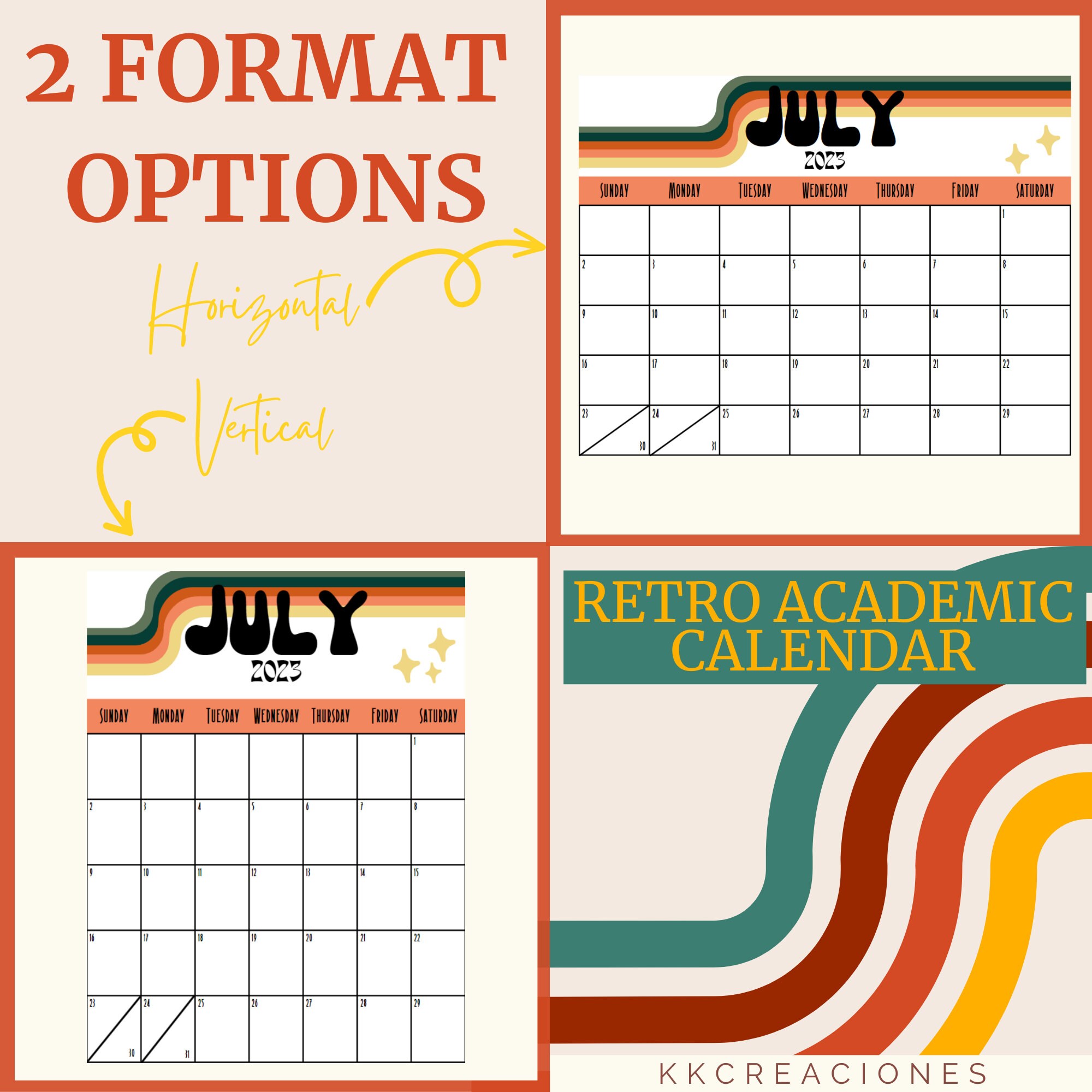20232024 Academic Printable Calendar With Retro Design Digital