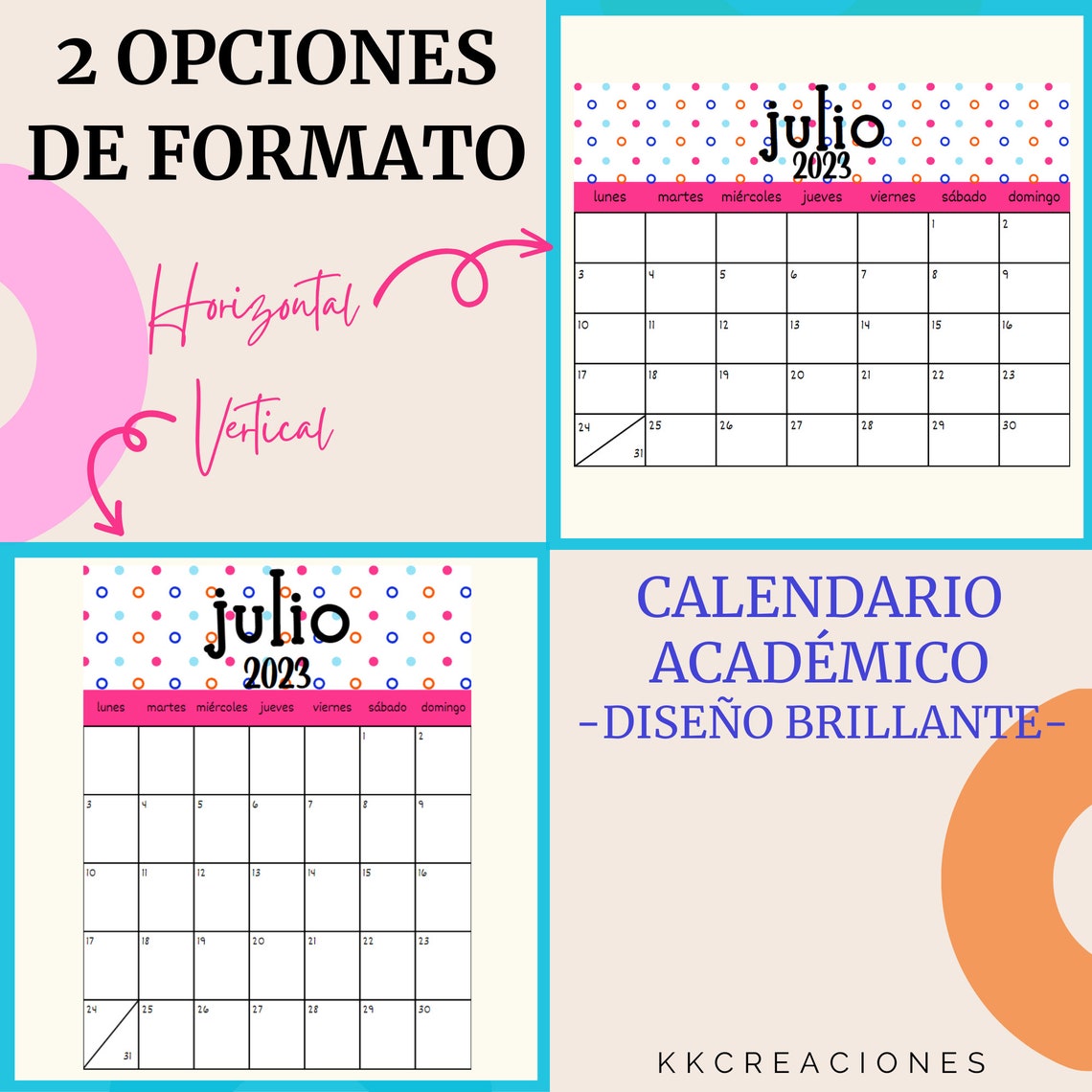 2023-2024 Spanish Academic Printable Calendar With Bright Design ...