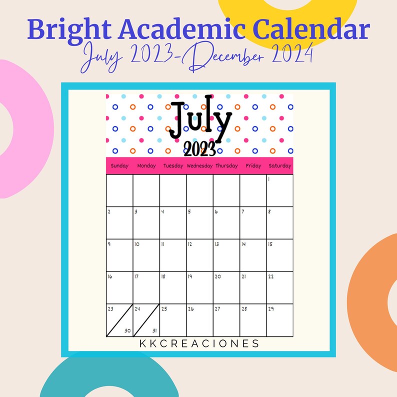 2023-2024 Academic Printable Calendar With Bright Design Digital ...