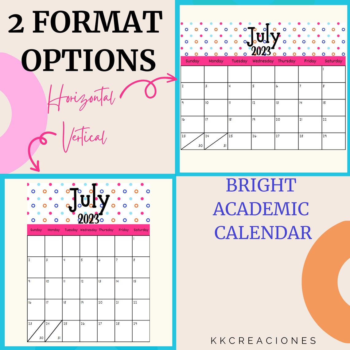 20232024 Academic Printable Calendar With Bright Design Digital