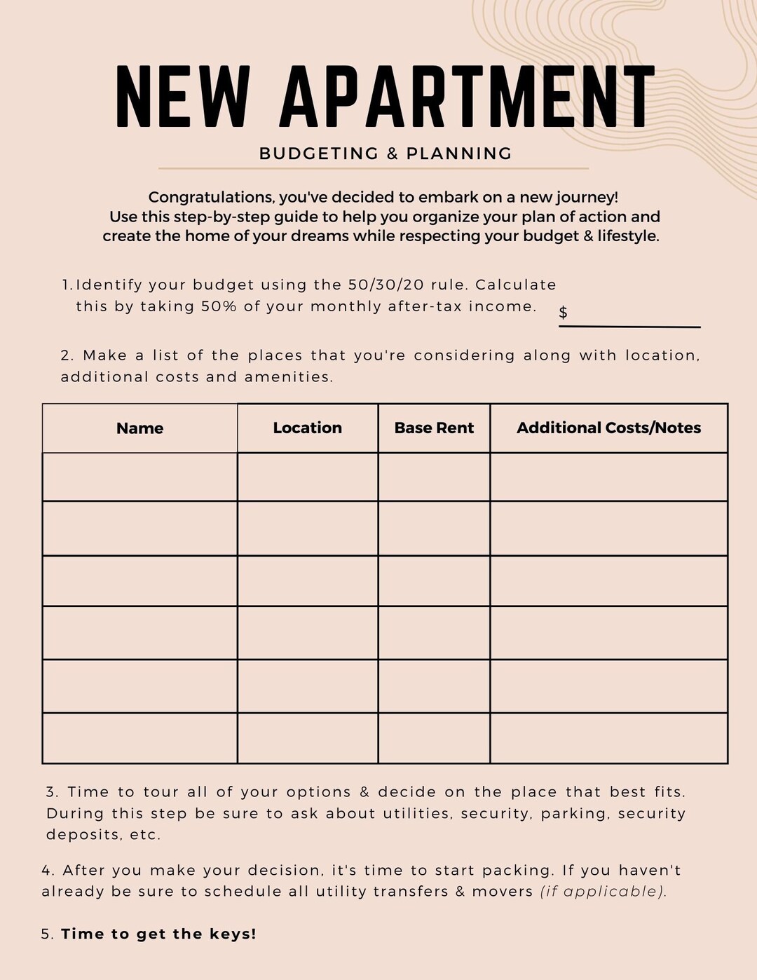 New Apartment Printable Savings Guide | Furnishings Checklist - Etsy