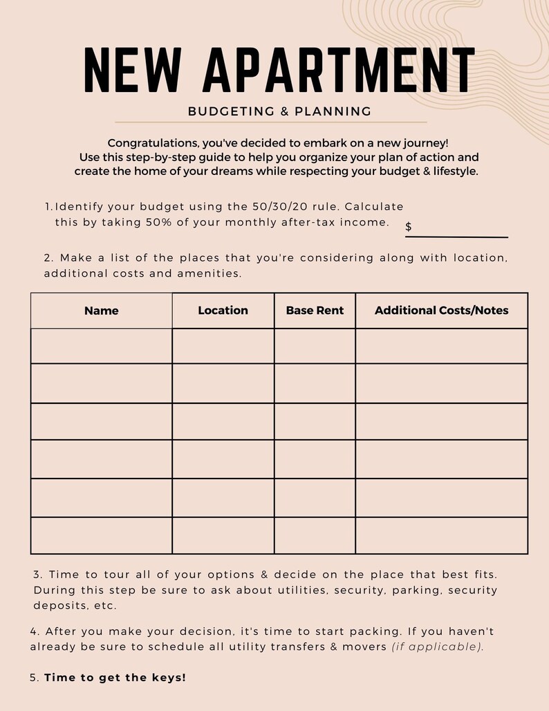 New Apartment Printable Savings Guide | Furnishings Checklist - Etsy - Savings Apartment Living Costs