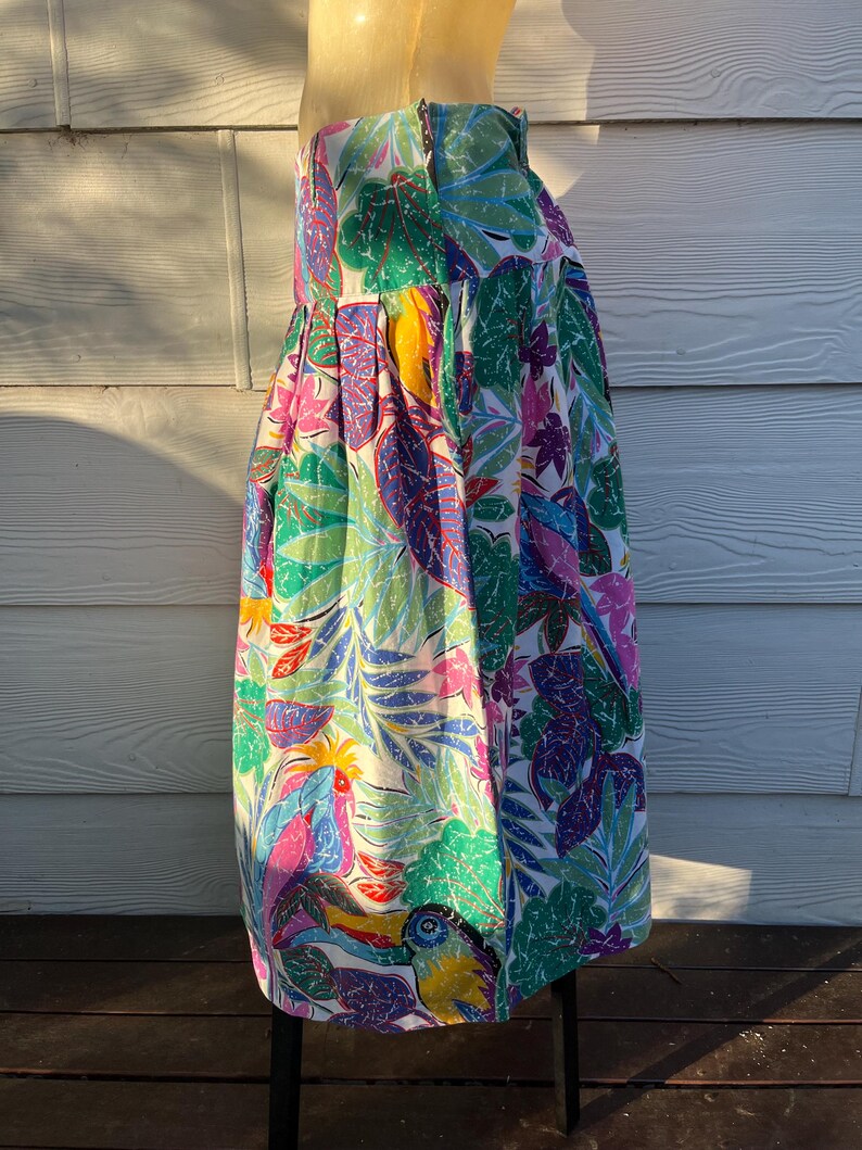 Vintage 1980s Abstract Colourful Jungle Parrot Print Cotton Midi Skirt