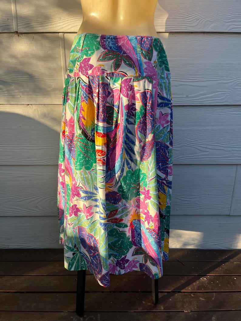 Vintage 1980s Abstract Colourful Jungle Parrot Print Cotton Midi Skirt