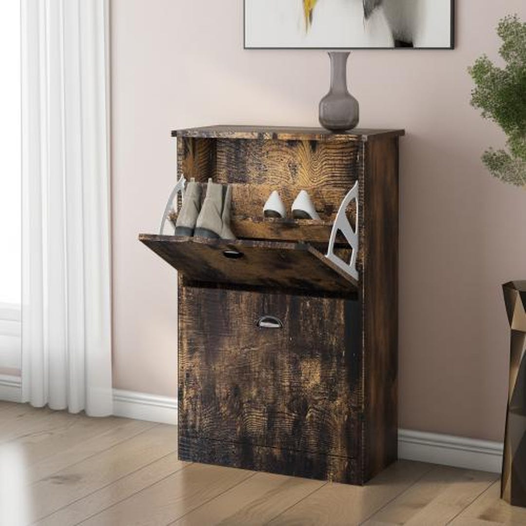 Rustic Wood Drawers Space-saving Hidden Slim Shoe Storage Cabinet ...