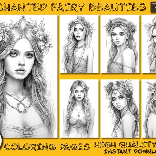 37 Enchanted Fairy Beauties Coloring Pages PDF Book, Adults kids Instant Download Grayscale Coloring Page, Printable PDF, iPad Coloring