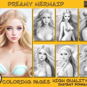 30 Beautiful Dreamy Mermaids Coloring Pages Printable PDF Book, Adults, Instant Download, Beautiful Grayscale Coloring, iPad Coloring