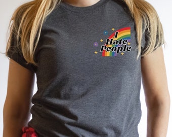 I Hate People Rainbow T-shirt, Retro Unisex Adult Tshirts, Snarky Shirts