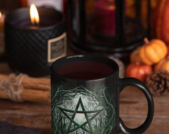 Witch in the Woods, Green Pentacle in a Thicket 11oz Black Ceramic Coffee Mug