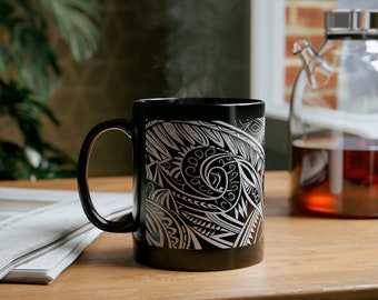 Samoan Tribal Coffee Mug, Polynesian/Pacific Islander 11oz Black Ceramic Coffee Mug