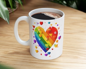 LGBTQ equality heart Pride ceramic 11oz mug, Rainbow heart on white mug, Pride love mug
