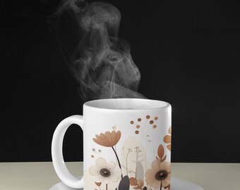Floral Coffee Mug, Earthy Tones, Flowers, Gardeners Coffee Mug, Coffee Lovers, Ceramic Mug 11oz